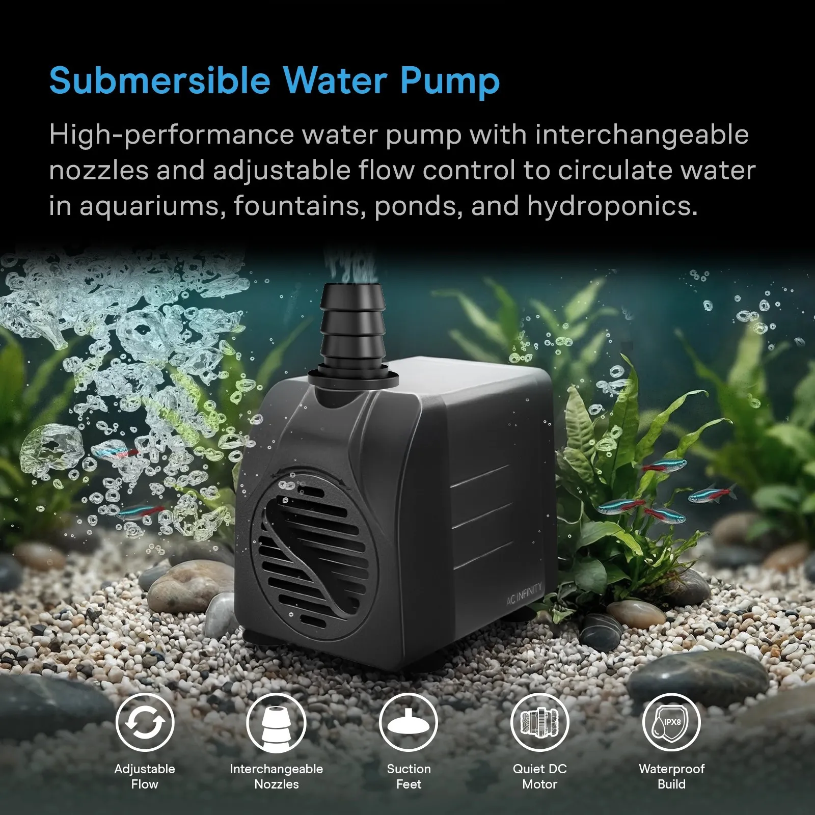Submersible Water Pump, 152 cm Lift Height, 400 GPH (1514 L/H, 20W) - Image 2