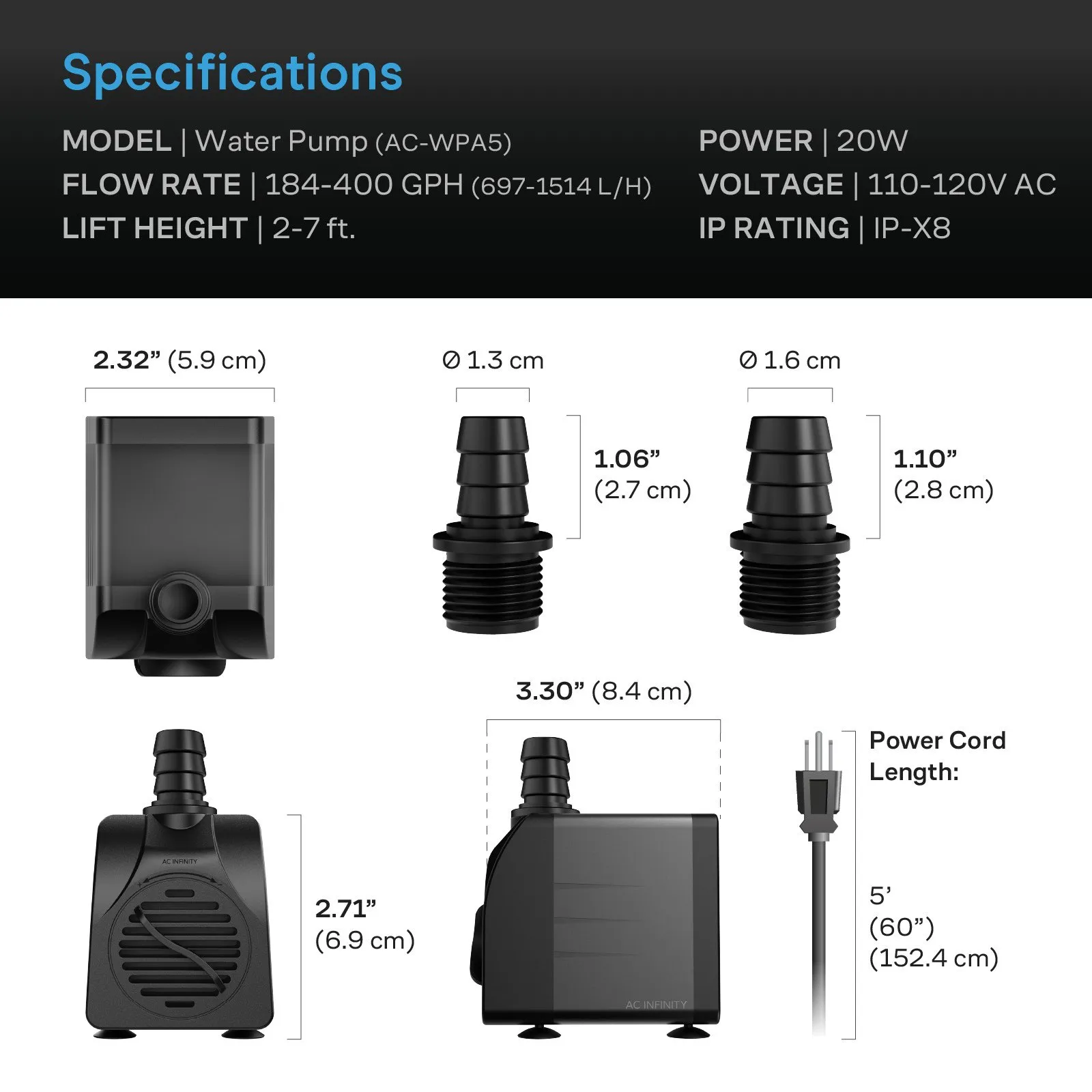 Submersible Water Pump, 152 cm Lift Height, 400 GPH (1514 L/H, 20W) - Image 8